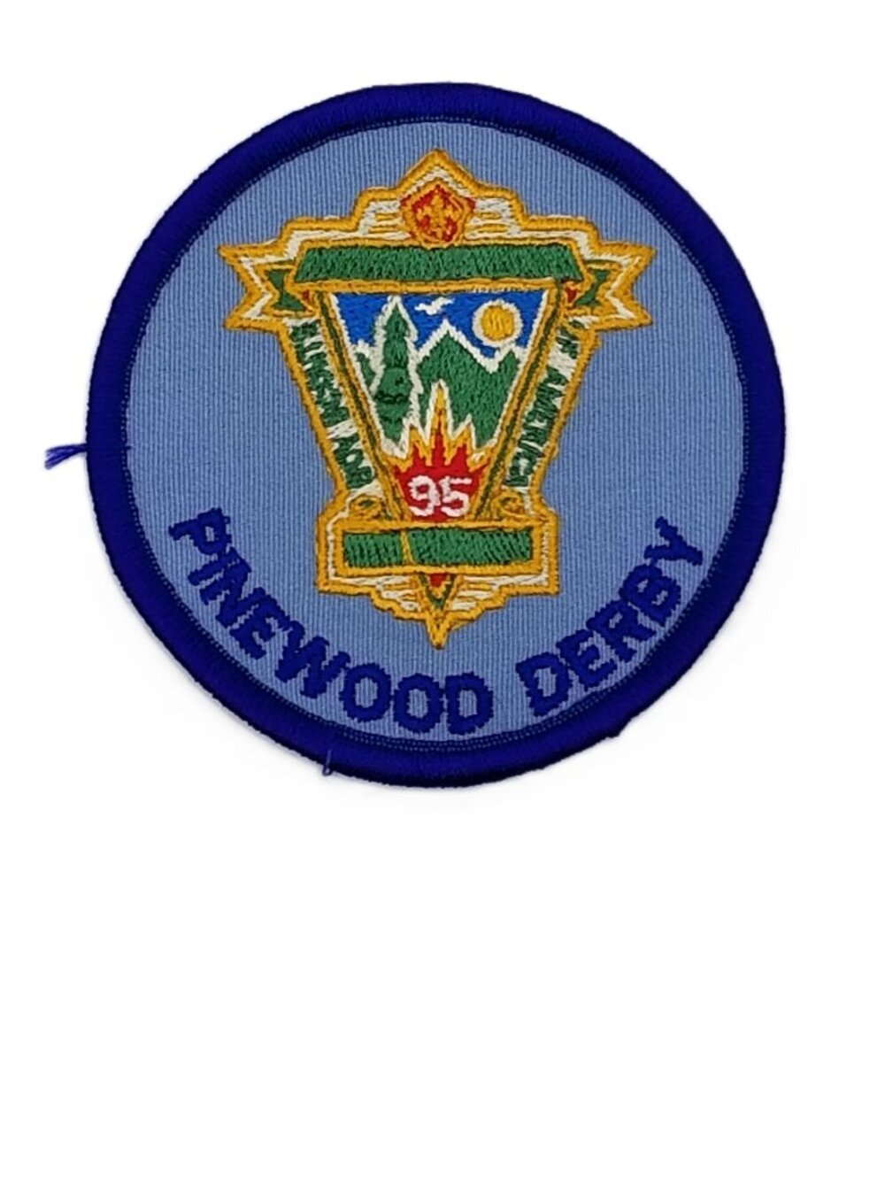 BSA 95th Anniversary Pinewood Derby Patch Cub Scout Blue Campfire Event